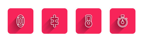 设置美式足球，拼图，壶铃和秒表长影子线。红场按钮。向量图片下载