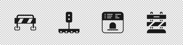 设置道路护栏、火车交通灯、售票处购票及终点铁路轨道图标。向量图片下载