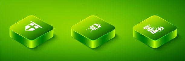 在三角旗图标上设置等距电车和铁路，大本钟塔和英国国旗。向量图片下载