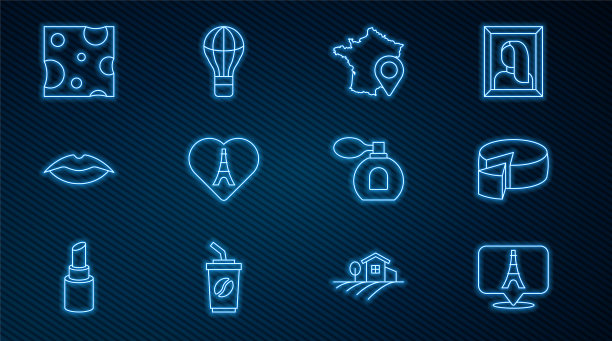 设置线埃菲尔铁塔，奶酪，法国地图，心脏，微笑的嘴唇，香水和热气球图标。向量图片下载