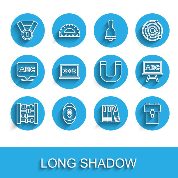 设置线算盘，美国足球，奖牌，办公室文件夹，学校背包，黑板，磁铁图标。向量图片下载