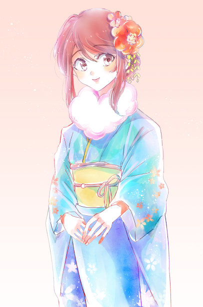 一个穿着和服的女人的插图图片下载