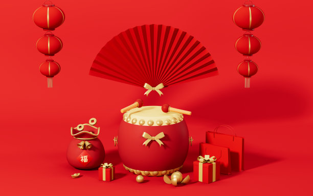 鼓和风扇与红色背景，3d渲染。图片下载
