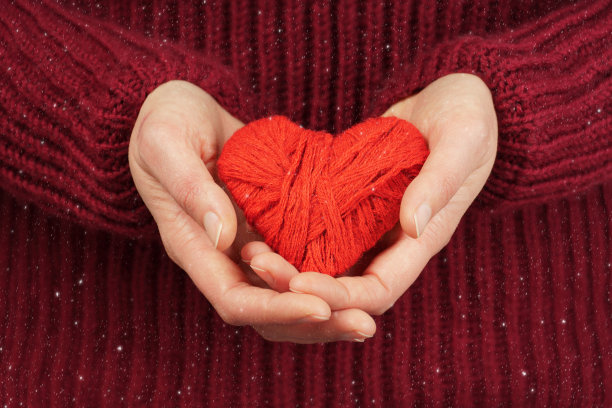 手捧红心。女性的手在一件针织毛衣里捧着一颗心图片下载