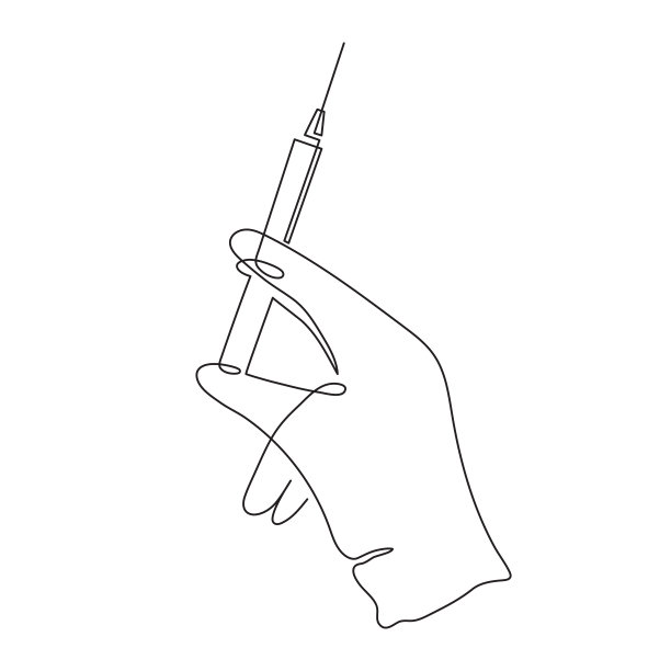戴手套手持注射器，一条线画，连续画轮廓。冠状病毒疫苗、卫生保健注射、治疗、预防措施。医学概念,注入剂量。图片下载