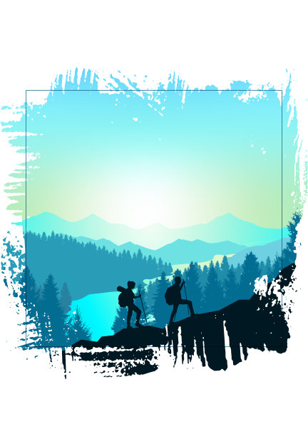 山的风景。笔触的框架。徒步旅行。冒险。探索自然、探索自然、观察自然的旅游理念。多边形极简的平面设计。艺术插图。图片下载