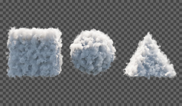 矢量插图。一组蓬松的云，由立方体、球体、金字塔或透明背景上的薄雾形成。天气现象。图片下载