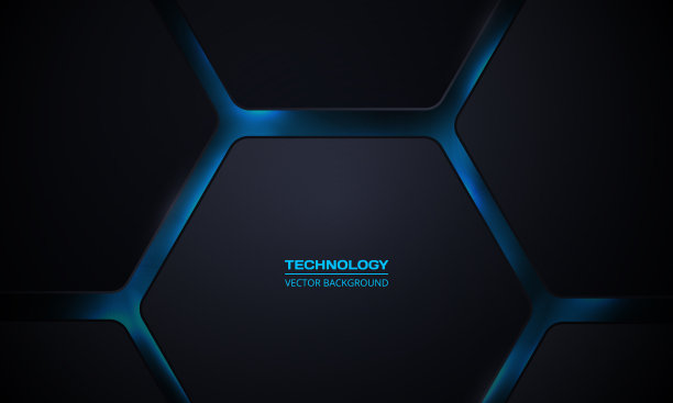 黑色三维六边形技术矢量抽象背景下蓝色明亮闪烁六边形图片下载