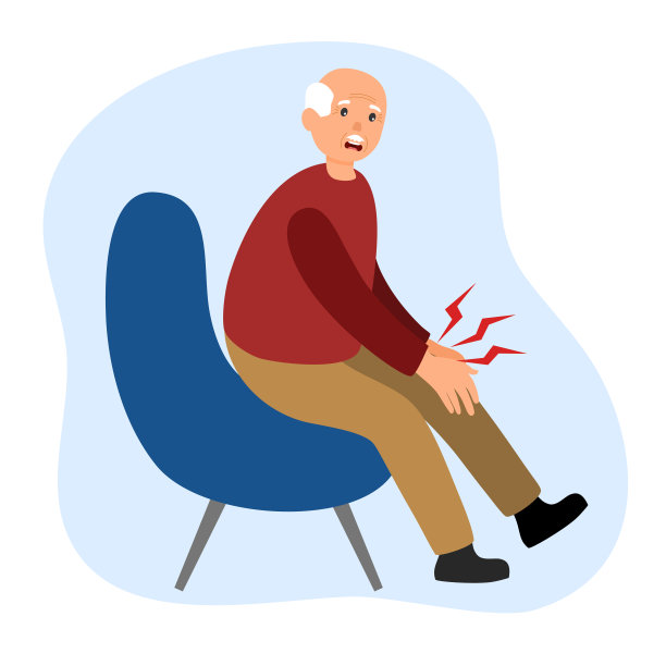 老年男性有膝盖疼痛，小腿疼痛在白色背景的平面设计。老人用手摸腿按摩，使肌肉放松。图片下载