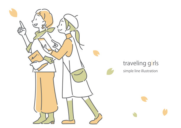 旅行的女孩，简单的线条说明图片下载