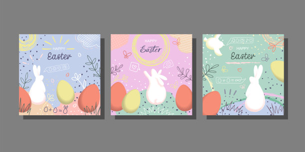 快乐复活节封面手绘彩蛋和兔子设置图片下载
