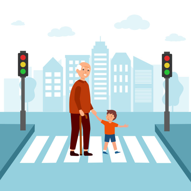 快乐的小男孩帮助爷爷过平设计的街道。孩子们协助老人在人行横道概念向量插图。图片下载