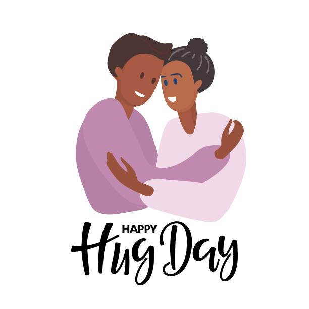 国际拥抱日手写现代毛笔书法和拥抱男女朋友。两个快乐微笑的人。相爱的年轻夫妇。平面向量的卡片，横幅，海报图片下载