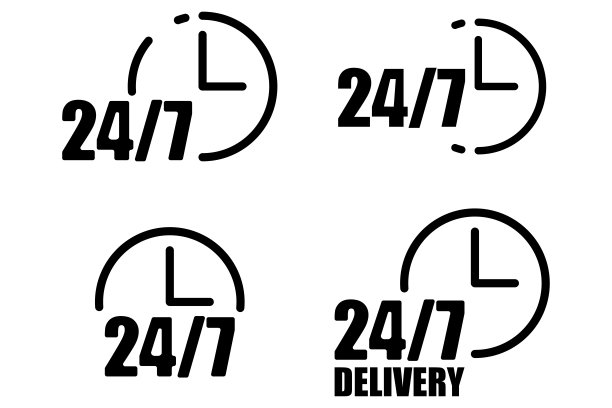 24/7配送图标：四个徽章、服务概念、时钟符号、箭头元素，矢量图图片下载