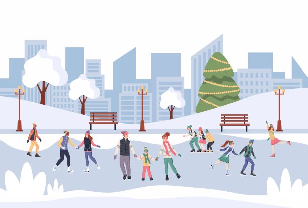 人们在冬季公园里滑冰。平面向量插图图片下载