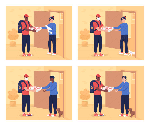 披萨送货到门平面颜色矢量插图集图片下载