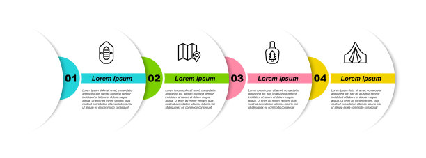 设置漂流船，地图上的森林位置，水壶水壶和旅游帐篷。业务信息模板。向量图片下载