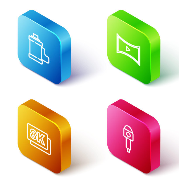 设置等距线相机胶卷卷，在线播放视频，8k超高清和麦克风图标。向量图片下载