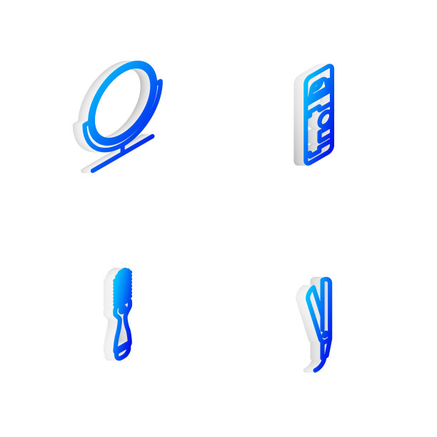 设置等距线剃须啫喱泡沫，圆形化妆镜，发刷和卷发器图标。向量图片下载