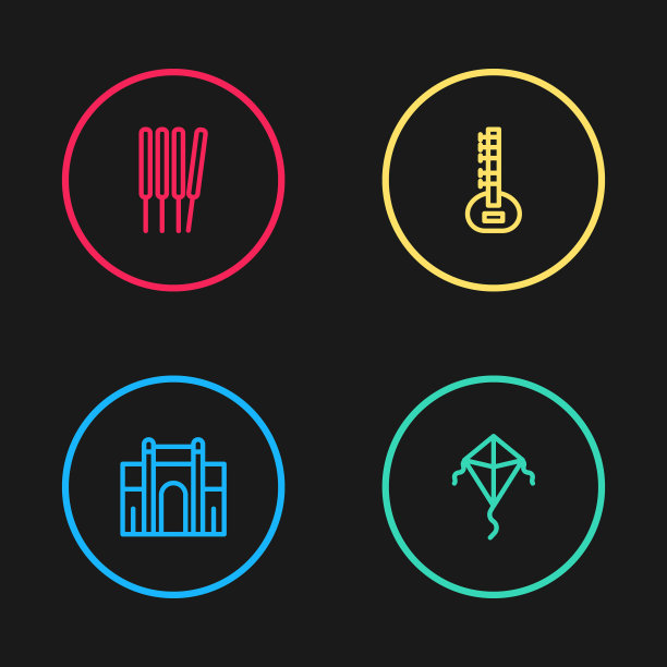 在德里设置线印度门，风筝，锡塔和香薰，香的图标。向量图片下载