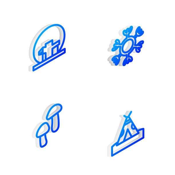 设置等距线雪花，蒙特利尔生物圈，蘑菇和印第安帐篷或棚屋图标。向量图片下载