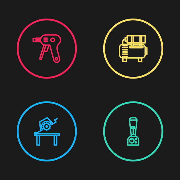 设有木工工作台锯、搅拌机、空压机、电热胶枪图标。向量图片下载