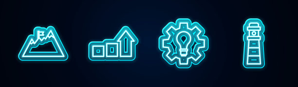 设置线山与旗帜，金融增长，灯泡和齿轮和灯塔。发光的霓虹灯图标。向量图片下载