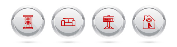 设置房屋、沙发、挂牌、出租及钥匙。银圈按钮。向量图片下载