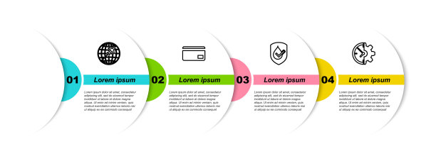设置线地球仪与飞行飞机，信用卡，防水和时钟和齿轮。业务信息模板。向量图片下载