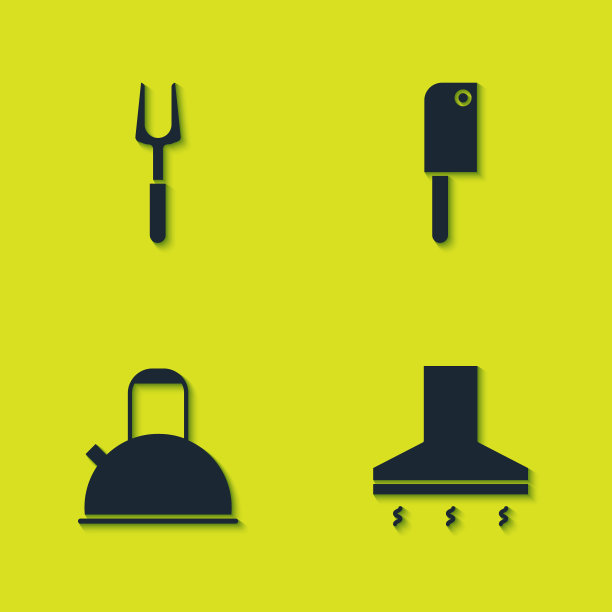 设置烧烤叉，厨房抽油风扇，带把手的水壶和剁肉器图标。向量图片下载