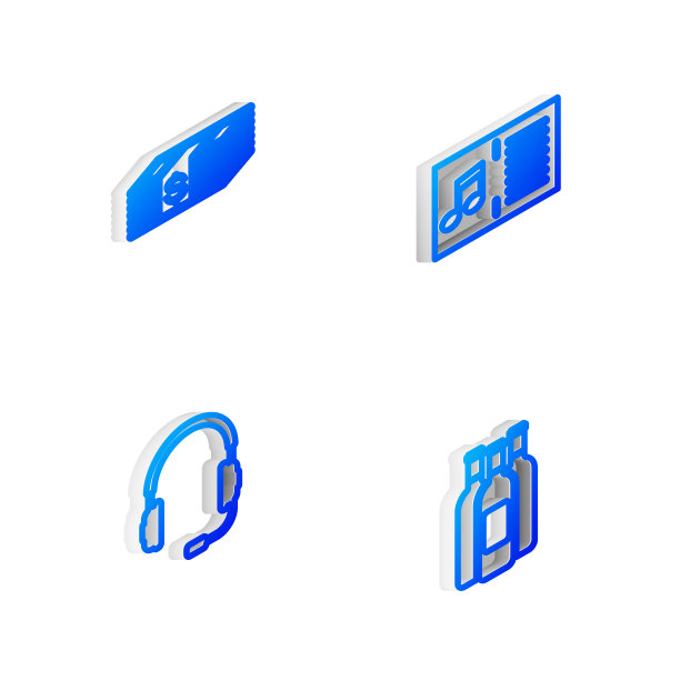 设置等距线音乐书与笔记，纸币美元现金，耳机麦克风和葡萄酒图标。向量图片下载