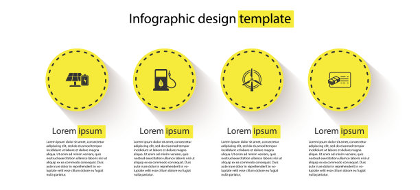 太阳能电池板和电池，生物燃料和燃料喷嘴，旋转风力涡轮机和财务文件。业务信息模板。向量图片下载