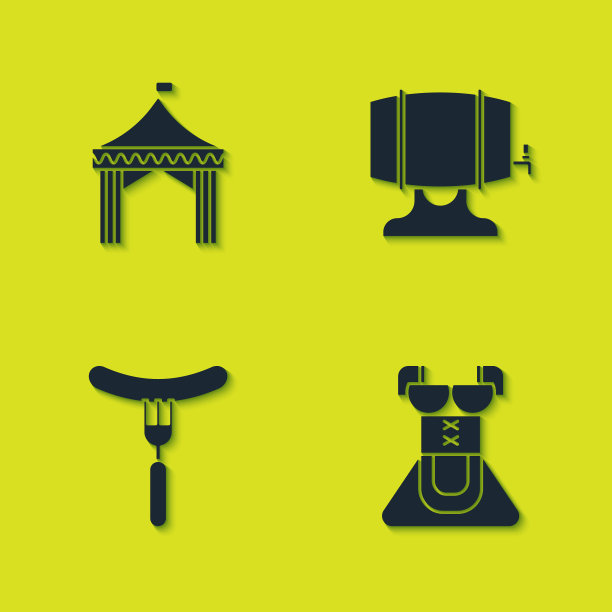 设置野营帐篷，服装为妇女紧腰裙，香肠上的叉子和木桶架图标。向量图片下载