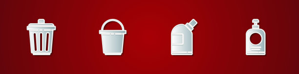 设置垃圾桶，水桶，清洁剂和洗手液瓶子图标。向量图片下载