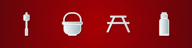 设置棉花糖棍棒，野营壶，野餐桌与长凳和水壶水壶图标。向量图片下载