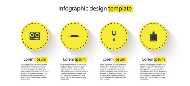 设置煤气炉，擀面杖，烧烤叉和砧板。业务信息模板。向量图片下载