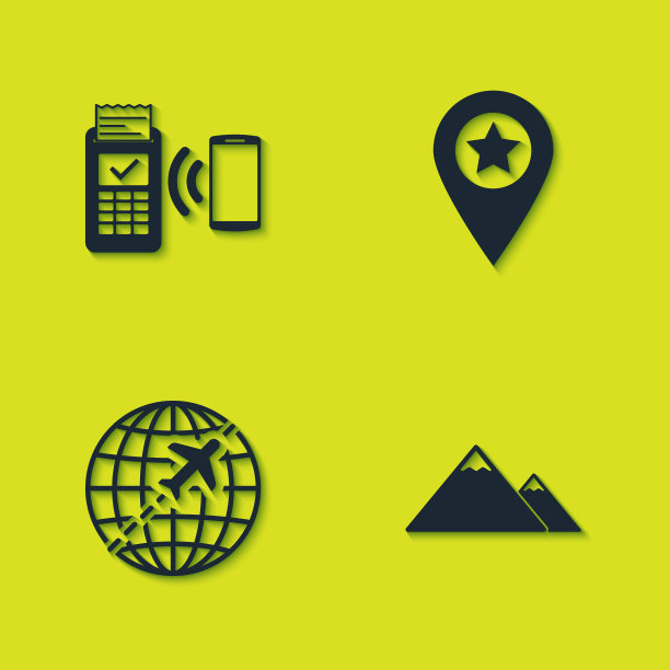 设置POS终端，山脉，环球飞行飞机和位置星图标。向量图片下载