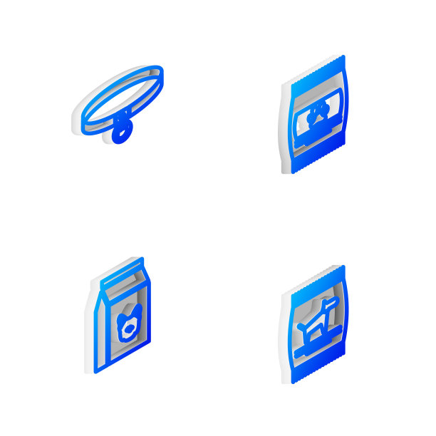 设定等距线宠物、猫项圈、狗和图标的食品袋。向量图片下载