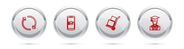 设置行刷新，毕业帽移动，手卡车和箱子和毕业与毕业。银圈按钮。向量图片下载