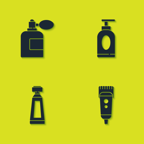 设置须后水瓶子雾化器，电动理发器或剃须刀，霜乳液化妆品管和图标。向量图片下载