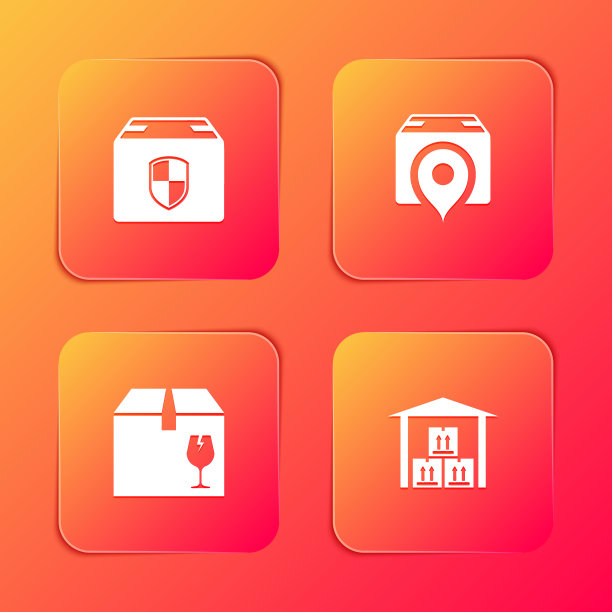 设置送货箱安全盾，位置与纸板，易碎内容和仓库图标。向量图片下载