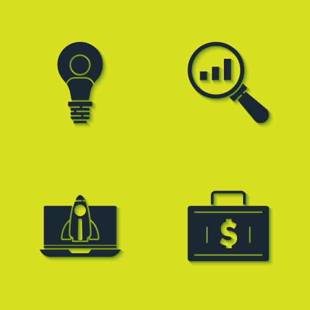 设置灯泡头，公文包和钱，启动项目概念和放大镜分析图标。向量图片下载