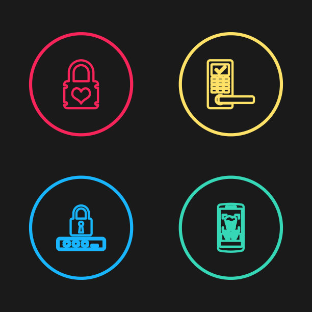 设置线路密码保护，手机和人脸识别，无线数字门锁和挂锁心形图标。向量图片下载