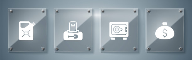 设置金钱袋，安全，墓碑和罐燃料坟墓。方形玻璃面板。向量图片下载