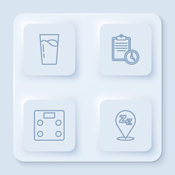 设置线玻璃与水，运动训练计划，浴室秤和瞌睡。白色正方形按钮。向量图片下载