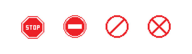 红色停止标志像素图标。8位不进入按钮。路标。矢量平面图片下载