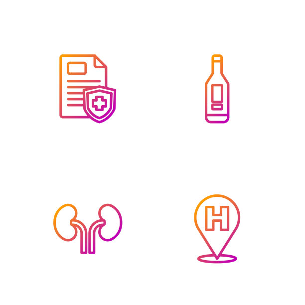 设置线路定位医院，人体肾脏，病人记录和数字温度计。渐变颜色图标。向量图片下载