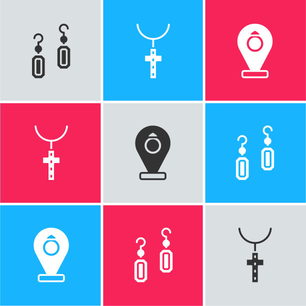 设置耳环，基督教十字架链和珠宝店图标。向量图片下载