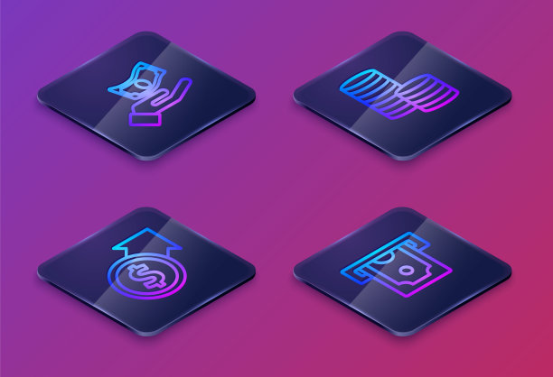 设置等距线手持货币，金融增长元，硬币和ATM机。蓝色方块按钮。向量图片下载