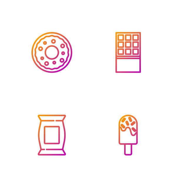 冰淇淋、袋装或袋装薯片、甜甜圈、巧克力棒。渐变颜色图标。向量图片下载